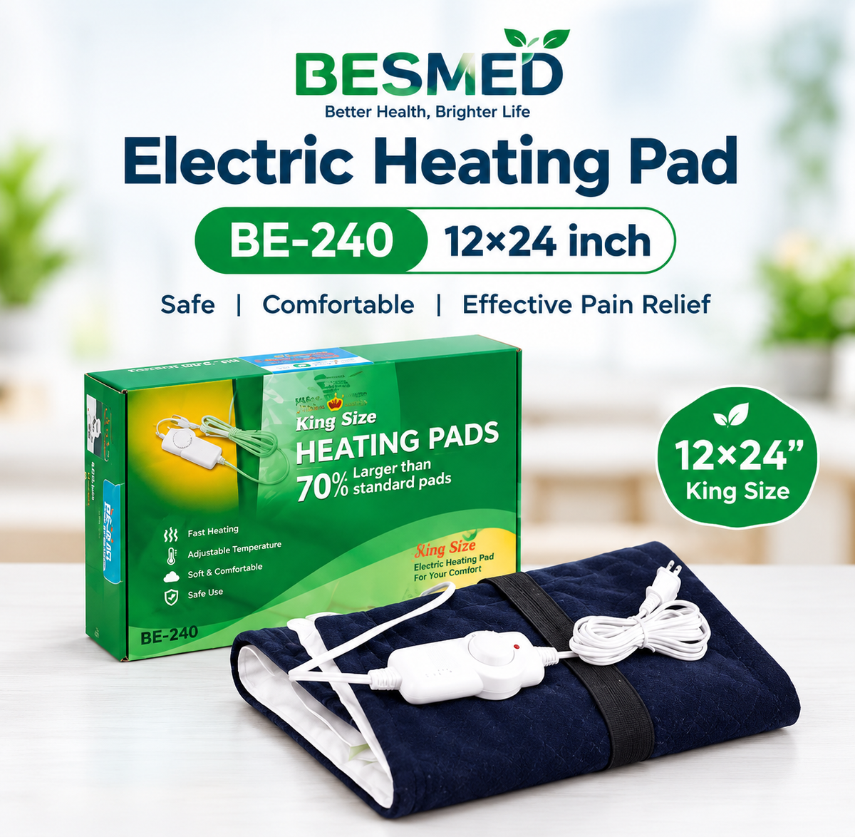 Besmed BE-240 King Size Heating Pad 12 x 24 Inch Electric Heat Pad Taiwan